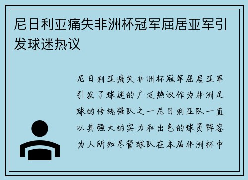 尼日利亚痛失非洲杯冠军屈居亚军引发球迷热议